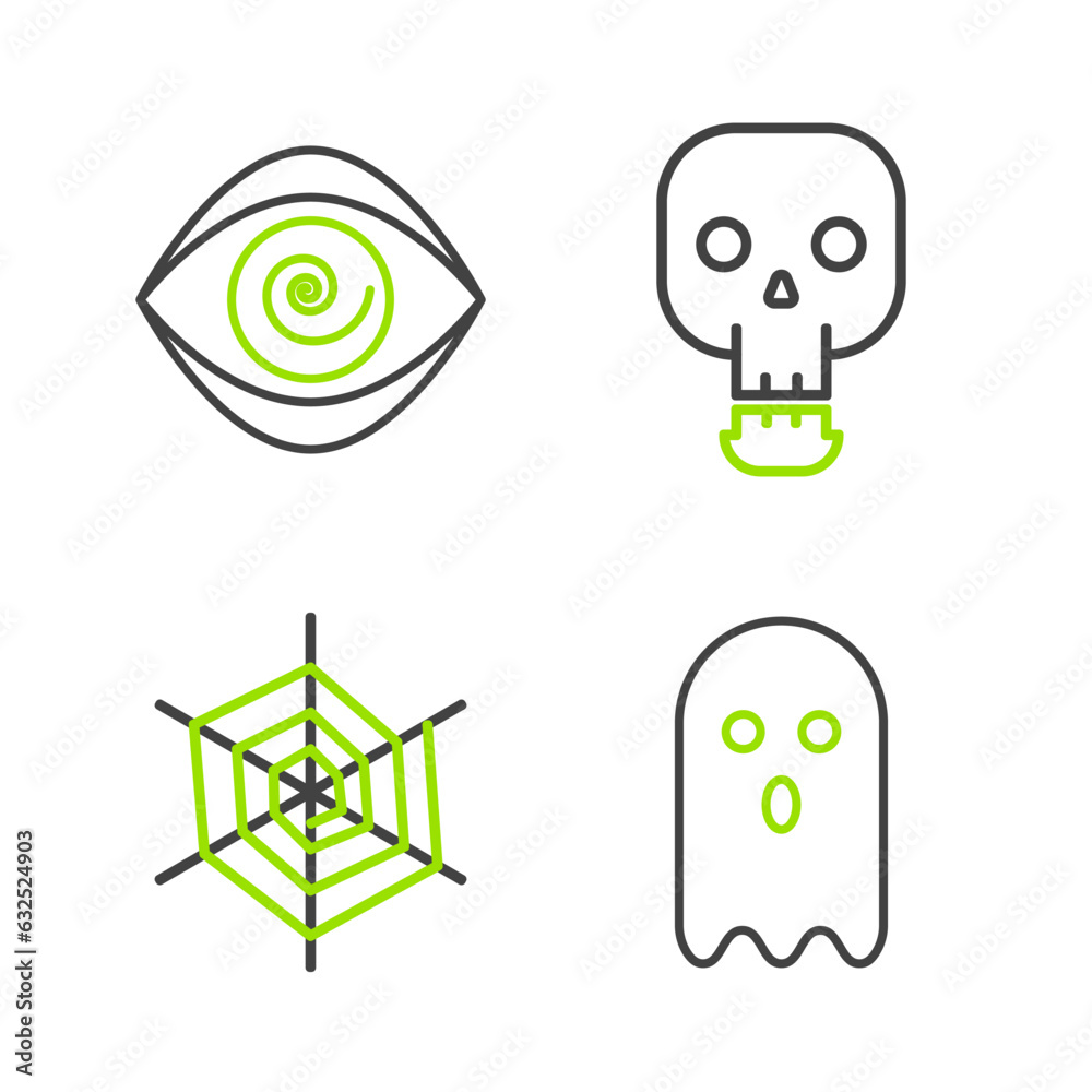 Obraz premium Set line Ghost, Spider web, Skull and Hypnosis icon. Vector