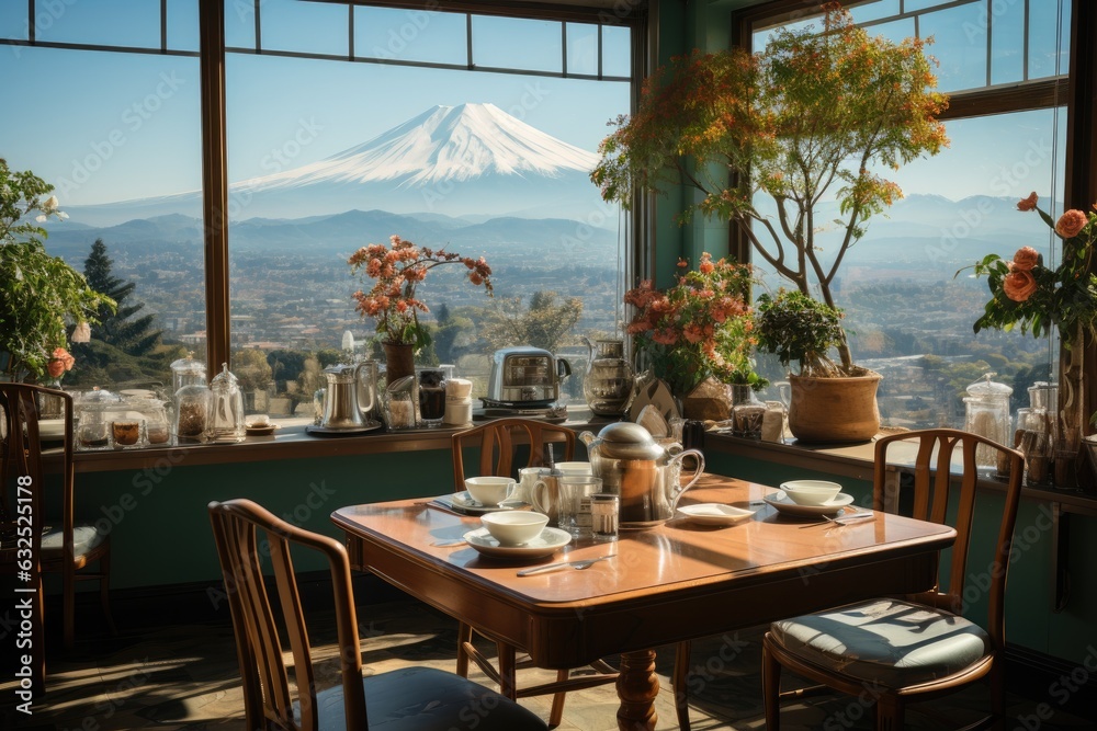 Luxury eatery with Fuji mountain view. Generative AI