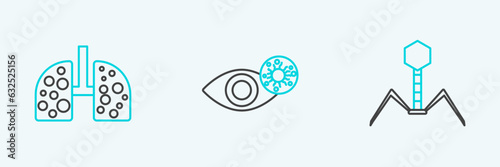 Set line Bacteria bacteriophage, Virus cells in lung and Reddish eye due to virus icon. Vector