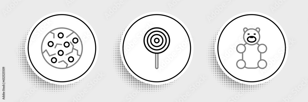 Set line Jelly bear candy, Cookie or biscuit and Lollipop icon. Vector Set line Jelly bear candy, Cookie or biscuit and Lollipop icon. Vector