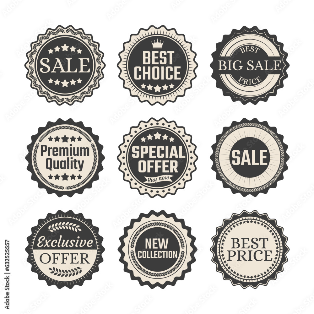 Retro vintage discount sale stickers and labels for promotions.
