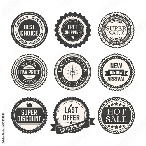 Retro vintage discount sale stickers and labels for promotions.