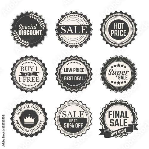 Retro vintage discount sale stickers and labels for promotions.