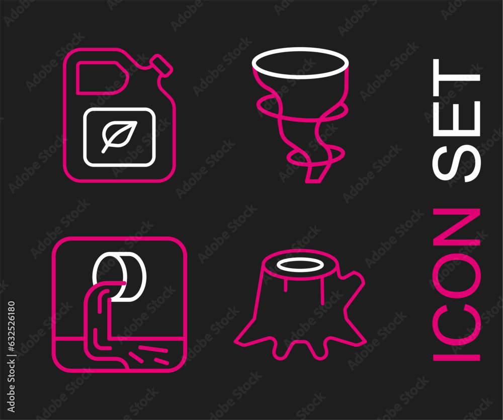 Set line Tree stump, Wastewater, Tornado and Bio fuel canister icon. Vector Set line Tree stump, Wastewater, Tornado and Bio fuel canister icon. Vector