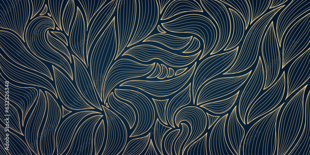 Vector golden leaves botanical modern, art deco wallpaper background pattern, floral texture. Line design for interior design, textile, texture, poster, package, wrappers, gifts. Luxury.