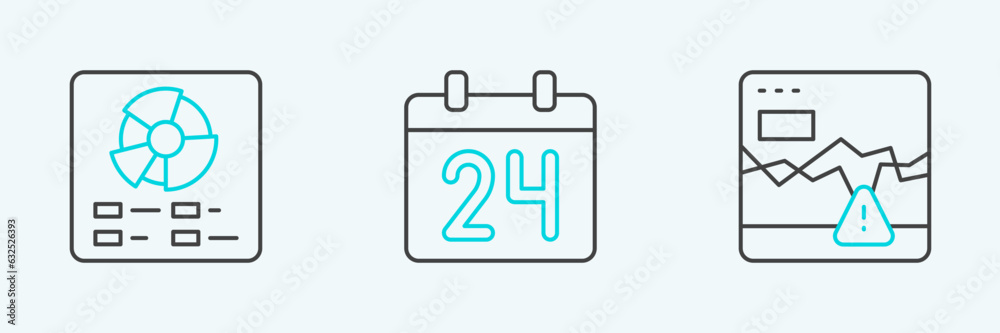Set line Failure stocks market, Pie chart infographic and Calendar icon. Vector Set line Failure stocks market, Pie chart infographic and Calendar icon. Vector