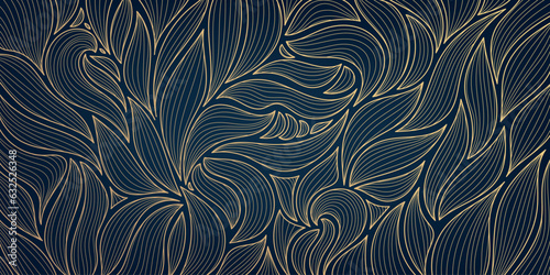Vector golden leaves botanical modern, art deco wallpaper background pattern, floral texture. Line design for interior design, textile, texture, poster, package, wrappers, gifts. Luxury.