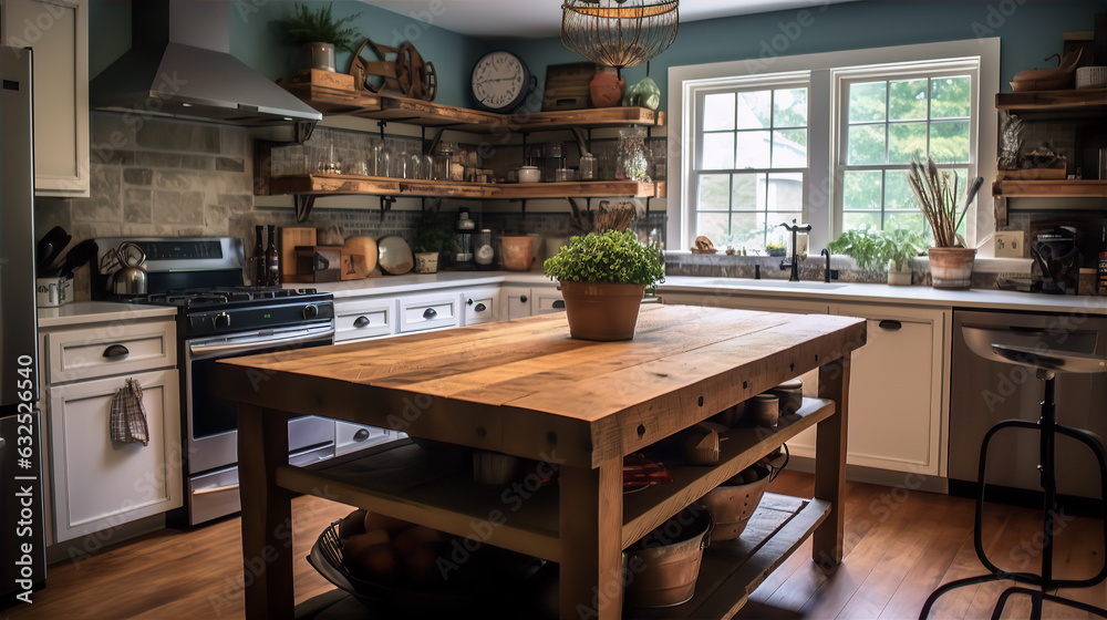 Wooden Kitchen with Elegant Marble Countertop in Daylight - AI Generated
