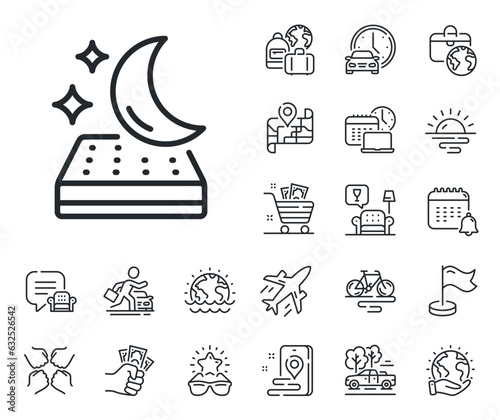 Night sleep bed rest sign. Plane jet, travel map and baggage claim outline icons. Mattress line icon. Moon symbol. Mattress line sign. Car rental, taxi transport icon. Place location. Vector