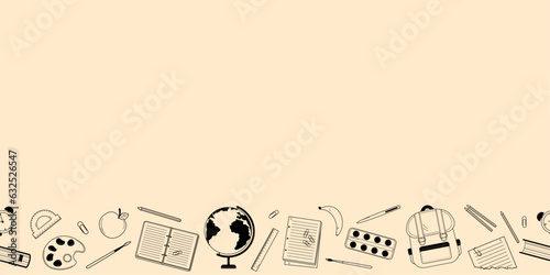 Children school supplies seamless border. Back to school background. Vector doodle illustration