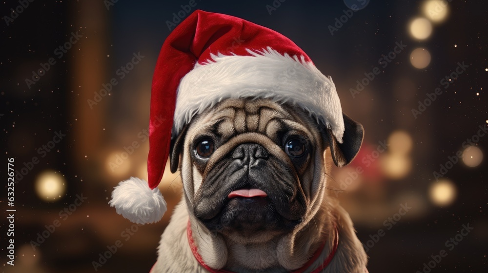 Pug christmas dog in santa claus hat