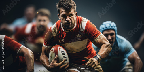 rugbyman vue de face en train de franchir les lignes adverses avec le ballon lors d'un match de rugby
