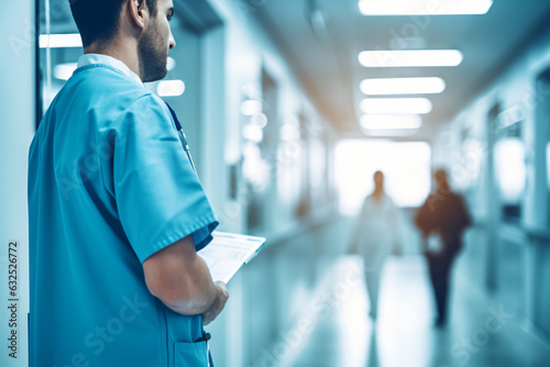 Quality Medical Services: Male Doctor Making Notes in Hospital Corridor, Panoramic View
