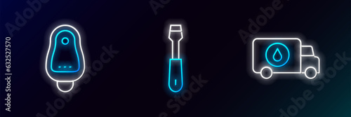 Set line Plumber service car, Toilet urinal or pissoir and Screwdriver icon. Glowing neon. Vector