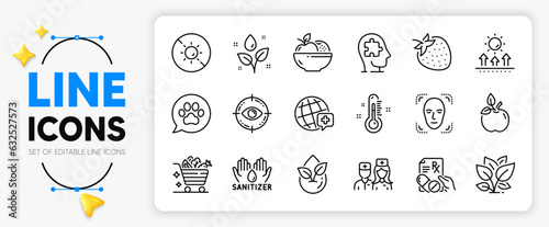 Face detection, Fruits and No sun line icons set for app include Plants watering, Doctor, World medicine outline thin icon. Eco food, Thermometer, Eye target pictogram icon. Vector © blankstock