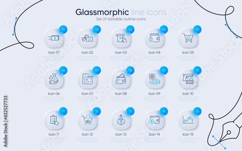 Set of Robbery, Candlestick graph and Buying accessory line icons for web app. Atm service, Bribe, Startup icons. Shopping, Money, Card signs. Internet shopping, Making money, Lock. Vector