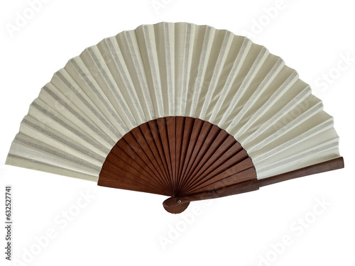 Fan made of brown wood and beige fabric isolated png file