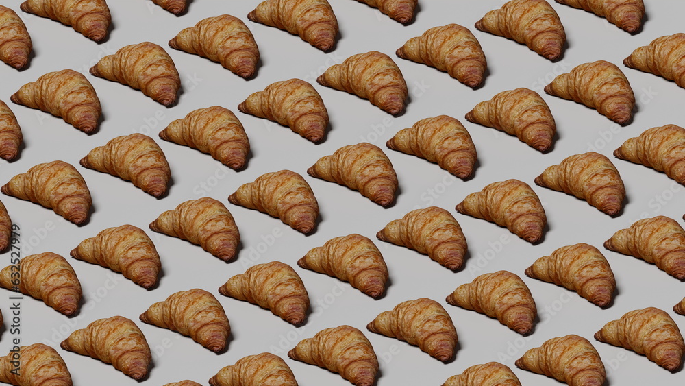 Fresh baked croissants, top view. Breakfast bun food croissant isolate. 3d render Fresh baked croissants, top view. Breakfast bun food croissant isolate. 3d render