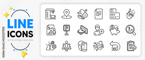 360 degrees, Coffee machine and Business report line icons set for app include Jazz, Document, Medical prescription outline thin icon. Search flight, Card, Cash pictogram icon. Pin. Vector