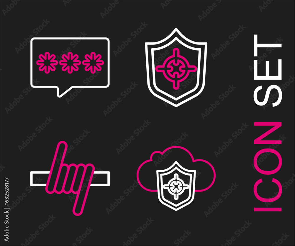 Set line Cloud and shield, Barbed wire, Shield and Password protection icon. Vector