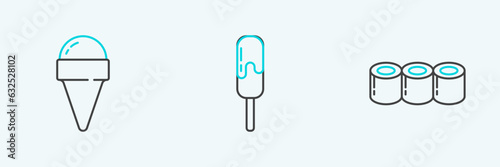 Set line Sushi, Ice cream in waffle cone and icon. Vector