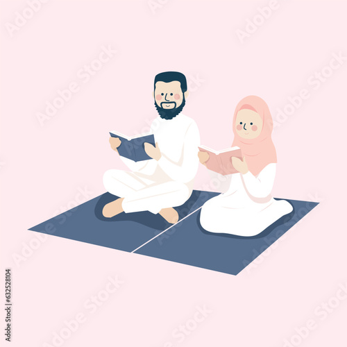 Cute Muslim Couple Reading the Quran together on the prayer mat