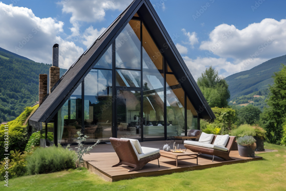 Fototapeta premium Contemporary luxury villa designed in a minimalist aesthetic. Glass home set against a mountain background. Stunning mountain vistas visible from the modern villa. Upscale glamping experience.Genera