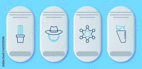 Set line Western cowboy hat, Hexagram sheriff, Cactus peyote in pot and Revolver gun holster icon. Vector