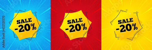 Sale 20 percent off sticker. Sunburst offer banner, flyer or poster. Discount banner shape. Coupon bubble icon. Sale 20 percent promo event banner. Starburst pop art coupon. Special deal. Vector