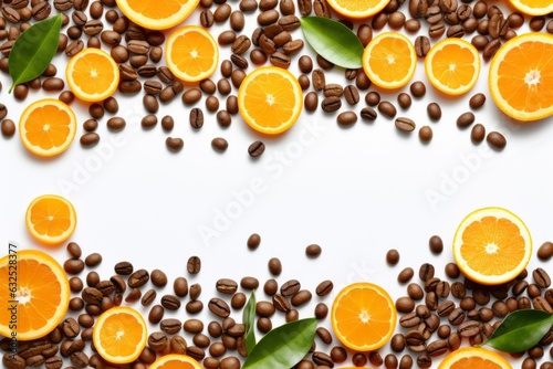 Coffee, tea, juice, coffee beans scattered over white background, with orange rings and green tea leaves