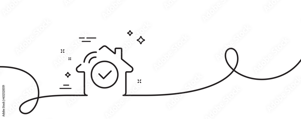 House security line icon. Continuous one line with curl. Smart home sign. Private protection symbol. House security single outline ribbon. Loop curve pattern. Vector