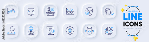 Puzzle, Copyrighter and Vitamin h line icons for web app. Pack of Elastic, Candlestick graph, Dot plot pictogram icons. Exhibitors, Face declined, Cough signs. Medicine, Report, Charge battery. Vector