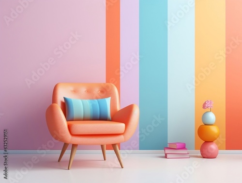 Pastel multi-color vibrant groovy retro striped background wall frame with bright armchair interior home design generative ai