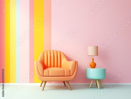 Pastel multi-color vibrant groovy retro striped background wall frame with bright armchair interior home design generative ai