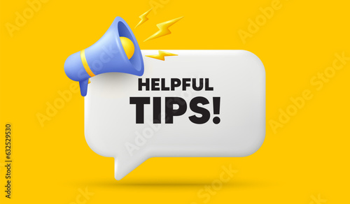 Helpful tips tag. 3d speech bubble banner with megaphone. Education faq sign. Help assistance symbol. Helpful tips chat speech message. 3d offer talk box. Vector