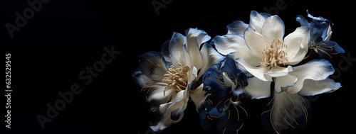 a wallpaper 3d botanical flowers with one big flower for whole artwork flowing alcohol ink style bioluminescence navy blue background, white, gold.
