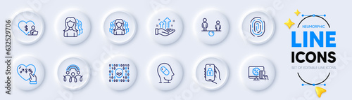 Binary code, Genders and Women headhunting line icons for web app. Pack of Locked app, Women group, Online shopping pictogram icons. Equity, Analysis graph, Inclusion signs. Neumorphic buttons. Vector