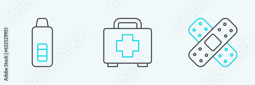 Set line Crossed bandage plaster, Digital thermometer and First aid kit icon. Vector