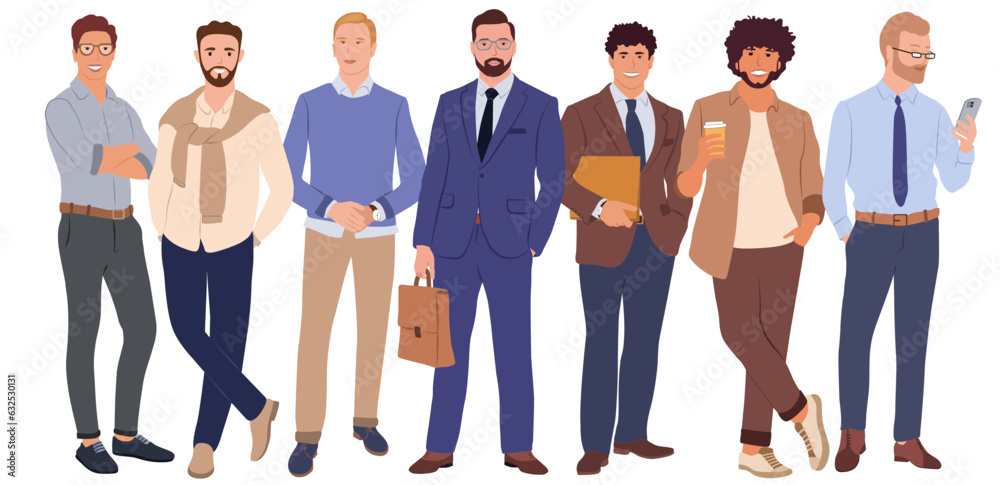 Businessmen team. Vector illustration of diverse standing cartoon men in office outfits. Isolated on white.