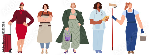 Woman of different professions, jobs. Diverse female workers, group portrait. Women occupations, works. Business person, painters, doctor, maid. Flat vector illustration isolated on white background