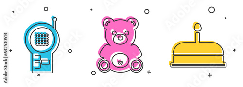 Set Baby Monitor Walkie Talkie, Teddy bear plush toy and Cake with burning candles icon. Vector