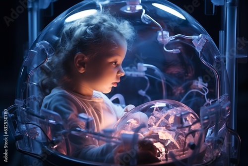 Newborn inside and artificial electronic womb. Beautiful illustration picture. Generative AI photo