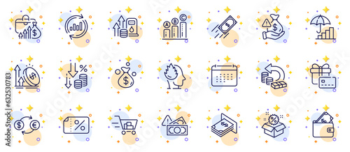 Outline set of Atm money, Fuel price and Graph chart line icons for web app. Include Gift card, Deflation, Discount banner pictogram icons. Currency exchange, Bribe, Calendar signs. Vector