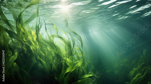 Fotografiet Seaweed and natural sunlight underwater seascape in the ocean