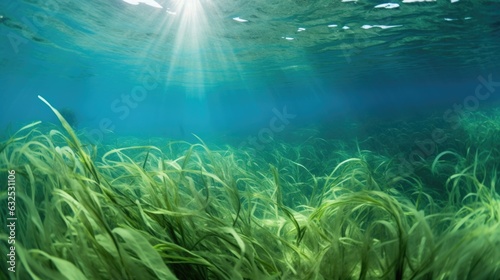 Seaweed and natural sunlight underwater seascape in the ocean. landscape with seaweeds. Marine sea bottom. AI photography.