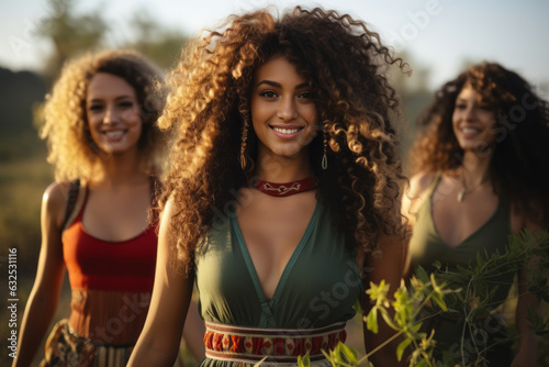 Three beautiful women with curly hair, walking together while wearing ecoclothes made of plants. Generative AI photo