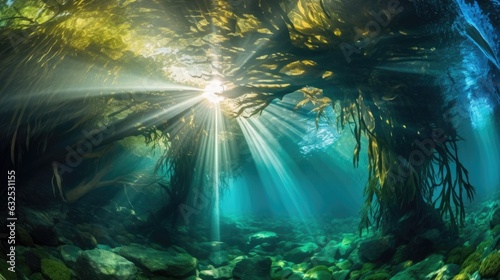 Seaweed and natural sunlight underwater seascape in the ocean. landscape with seaweeds. Marine sea bottom. AI photography. © Oksana Smyshliaeva
