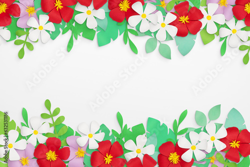 Composition of cut paper tropical palm leaves, Monstera, banana leaves, flowers. Handmade nature mockup, summer art collection isolated on white background. Top view, flat lay, close up, copy space
