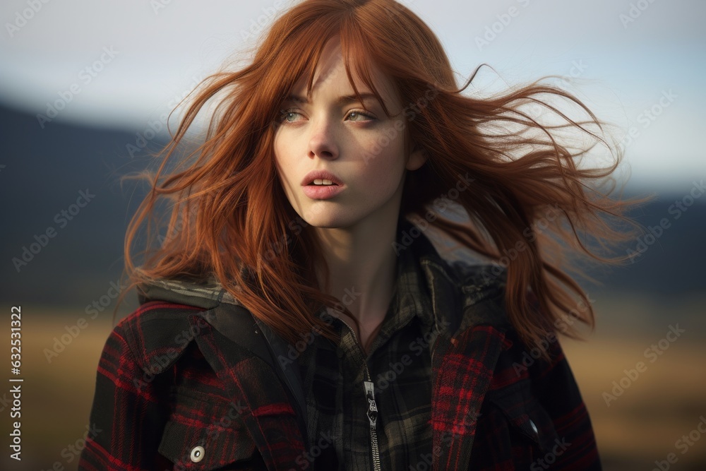 Ginger woman is outdoors. Beautiful illustration picture. Generative AI Ginger woman is outdoors. Beautiful illustration picture. Generative AI