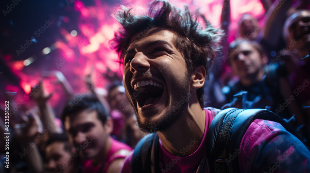 A dynamic image capturing the intense joy of a pro gamer celebrating with their team after a win Generative AI